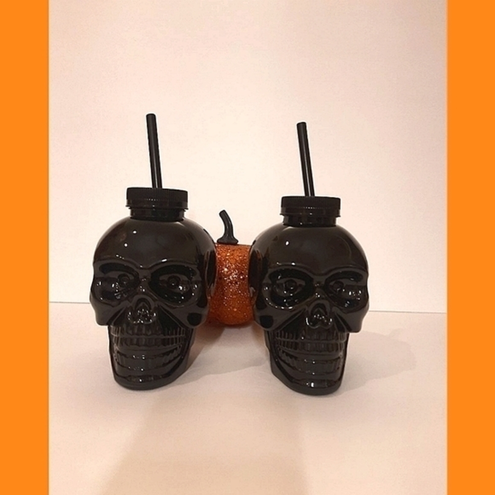 SET‎ OF 2! Black Skull Cups with Straws!